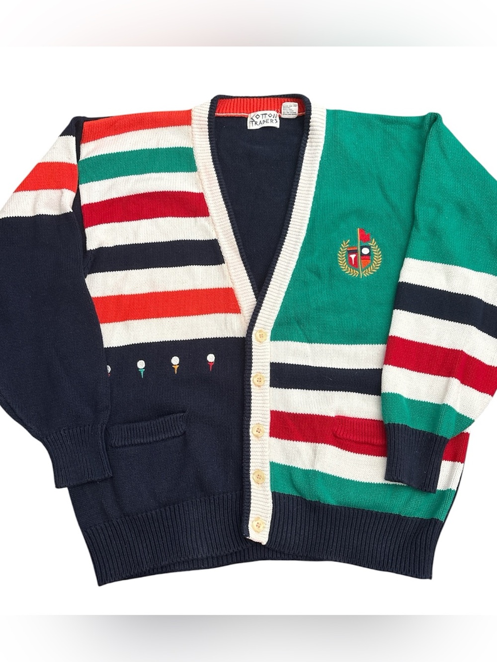 Cotton Traders Striped Golf Crest Knit Cardigan Sweater Size XL